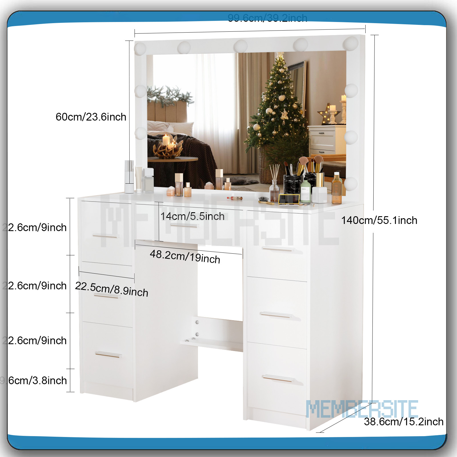 NEW Vanity Desk Makeup Table With Large LED Mirror And 7 Drawers Dressing Desk