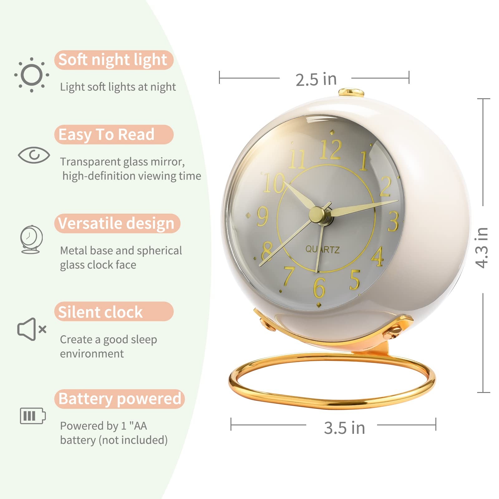 Retro Analog Alarm Clock Silent Non Ticking Night Light Desk Clock Green