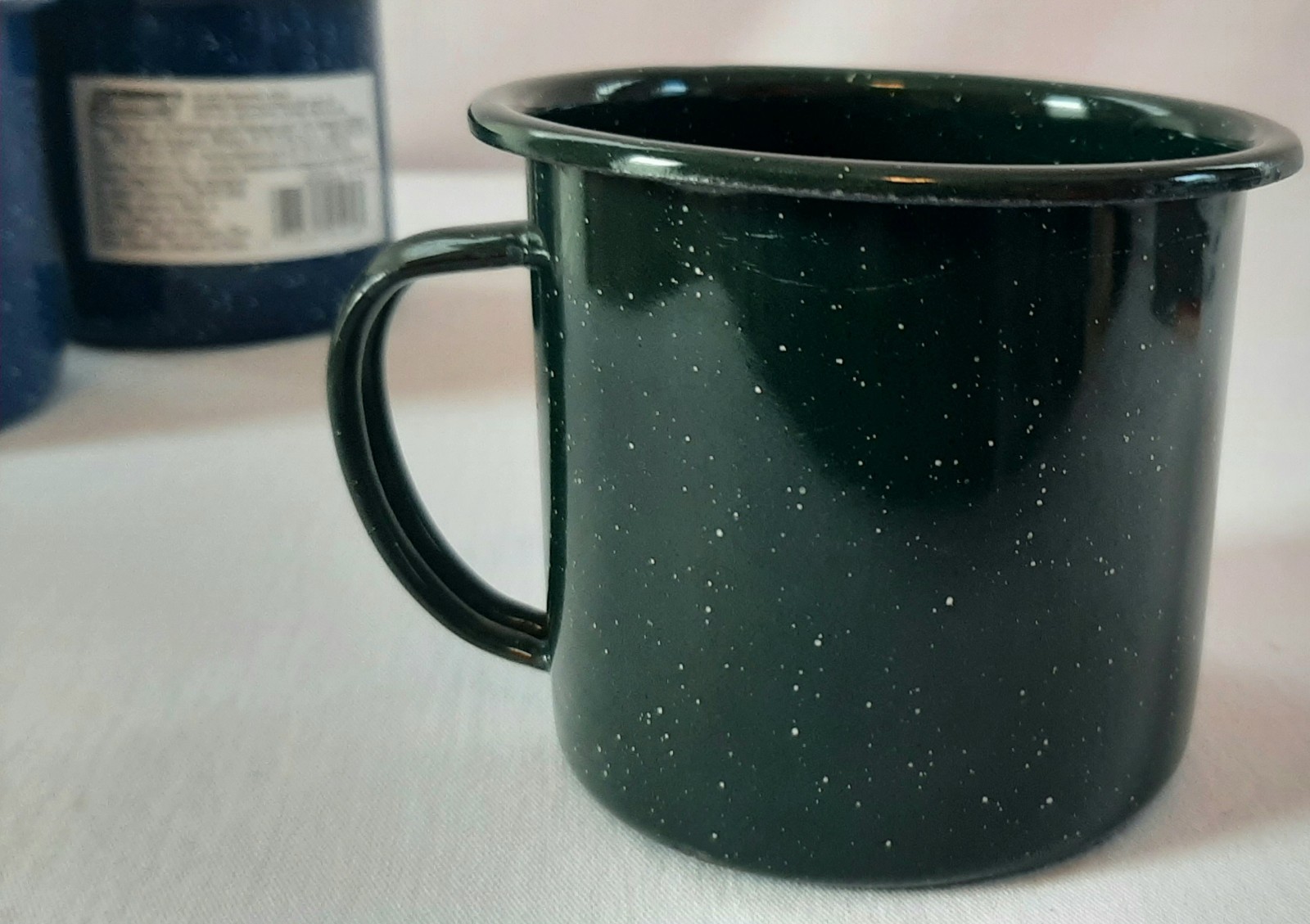 Coleman Blue Speckled Enamelware Camping Mugs Set of 2 Cups, plus a green mug