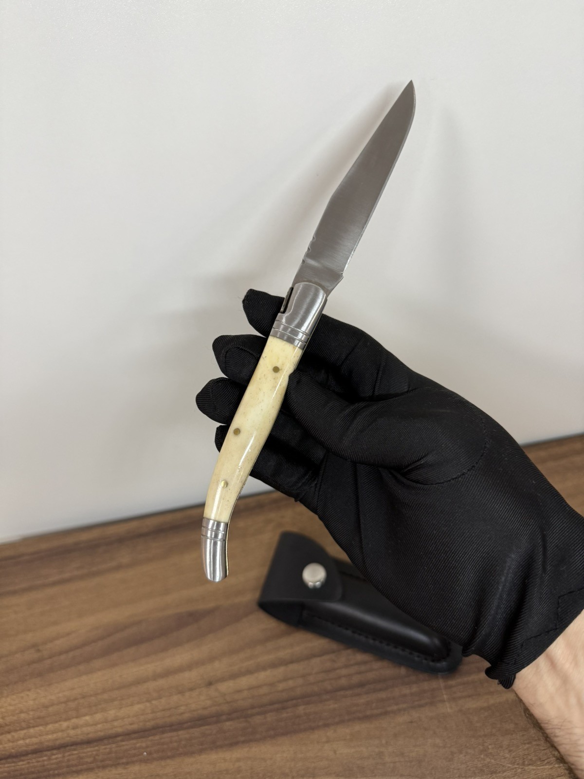 Vintage Laquiole Pocket Knife Blade Steel Antler Handle Leather Sheath Mens Rare