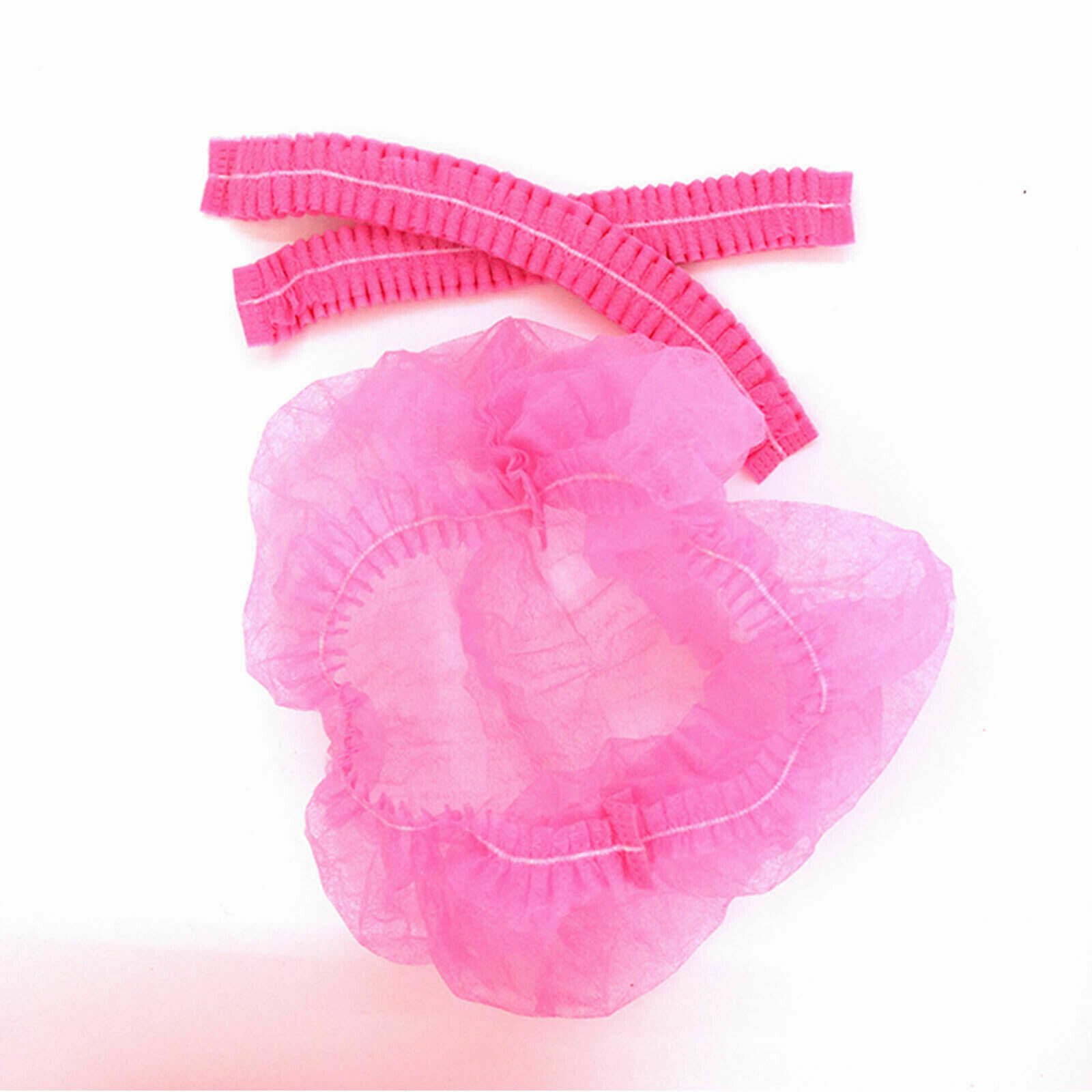100 Disposable 18" Non-Woven Strip Mob Caps(Pink/White) Net Bouffant Head Covers