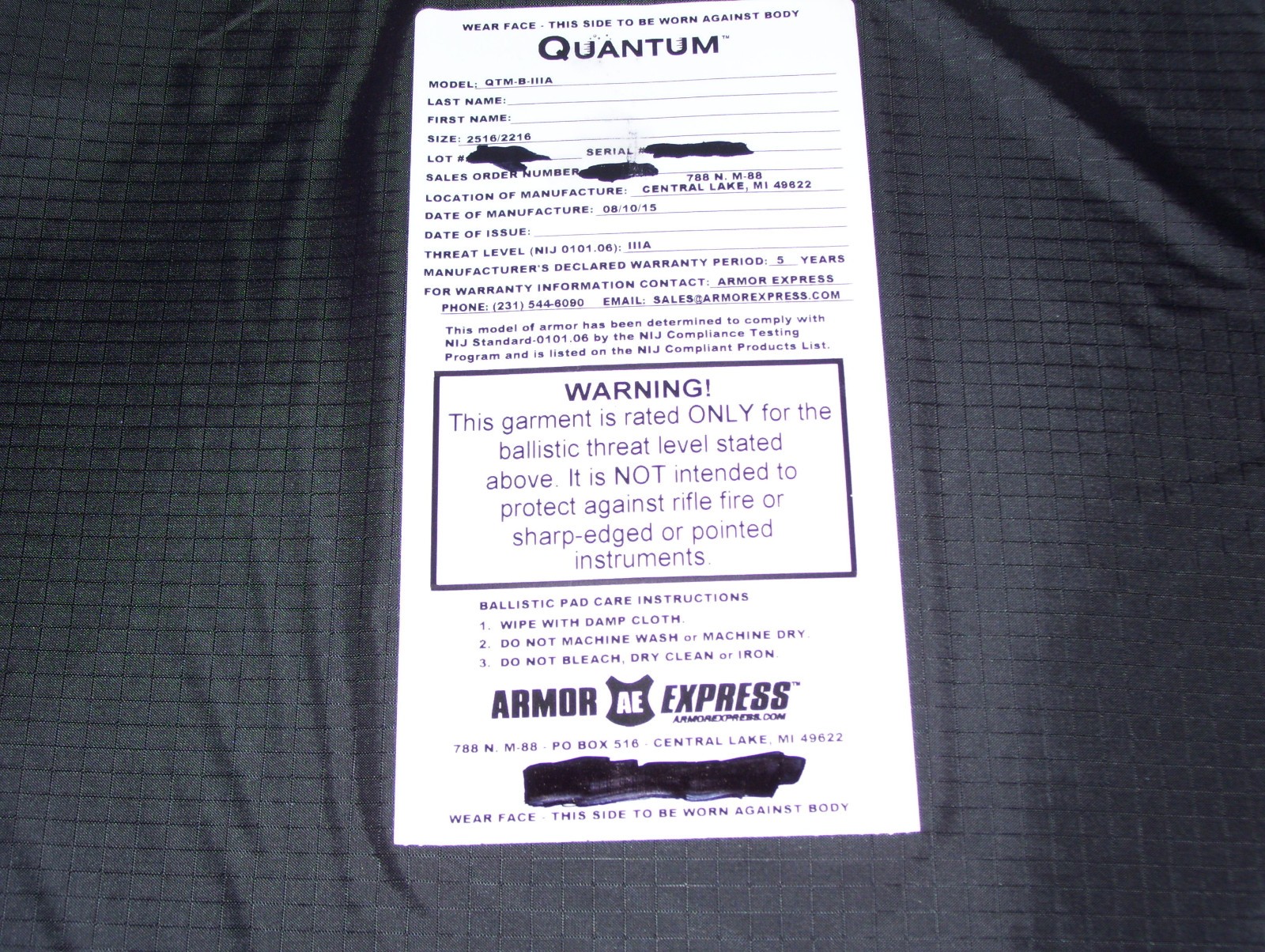 Armor Express Armor Bullet Proof Vest Level IIIA-2XLarge VG 2015+FREE-5X8 #O-96