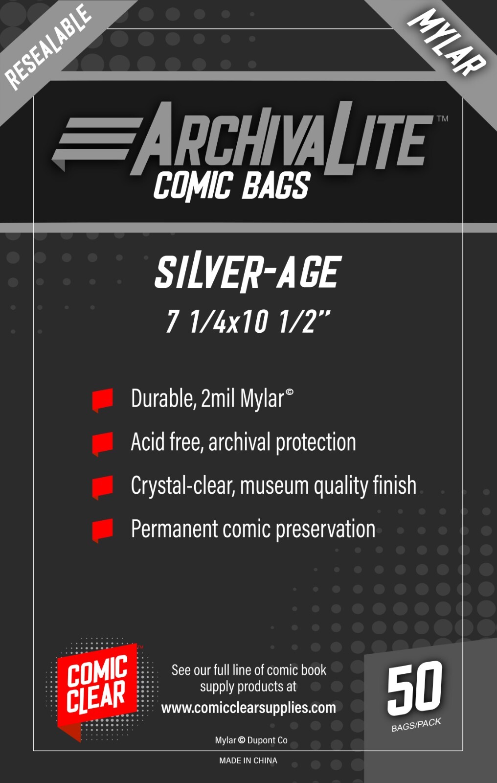 Silver Age Mylar Comic Bags (50) - Comic Clear - RESEALABLE Closure Type