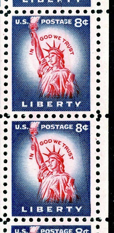 Scott # 1041B 8¢ Statue of Liberty pre-printing paper fold oddity multiple