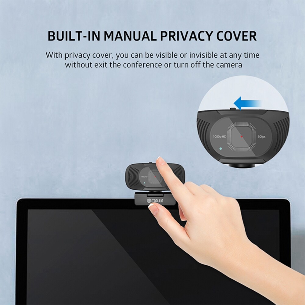 TOALLIN 1080P HD PC Webcam with Privacy cover Built-in dual Noise-canceling mic