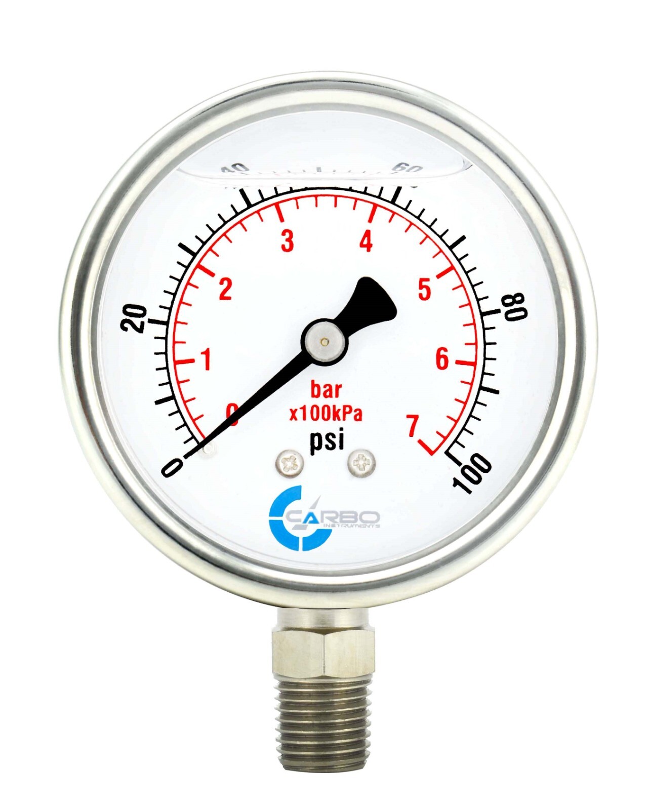 2-1/2" Pressure Gauge, Stainless Steel Case, Liquid Filled, Lower Mnt 100 PSI