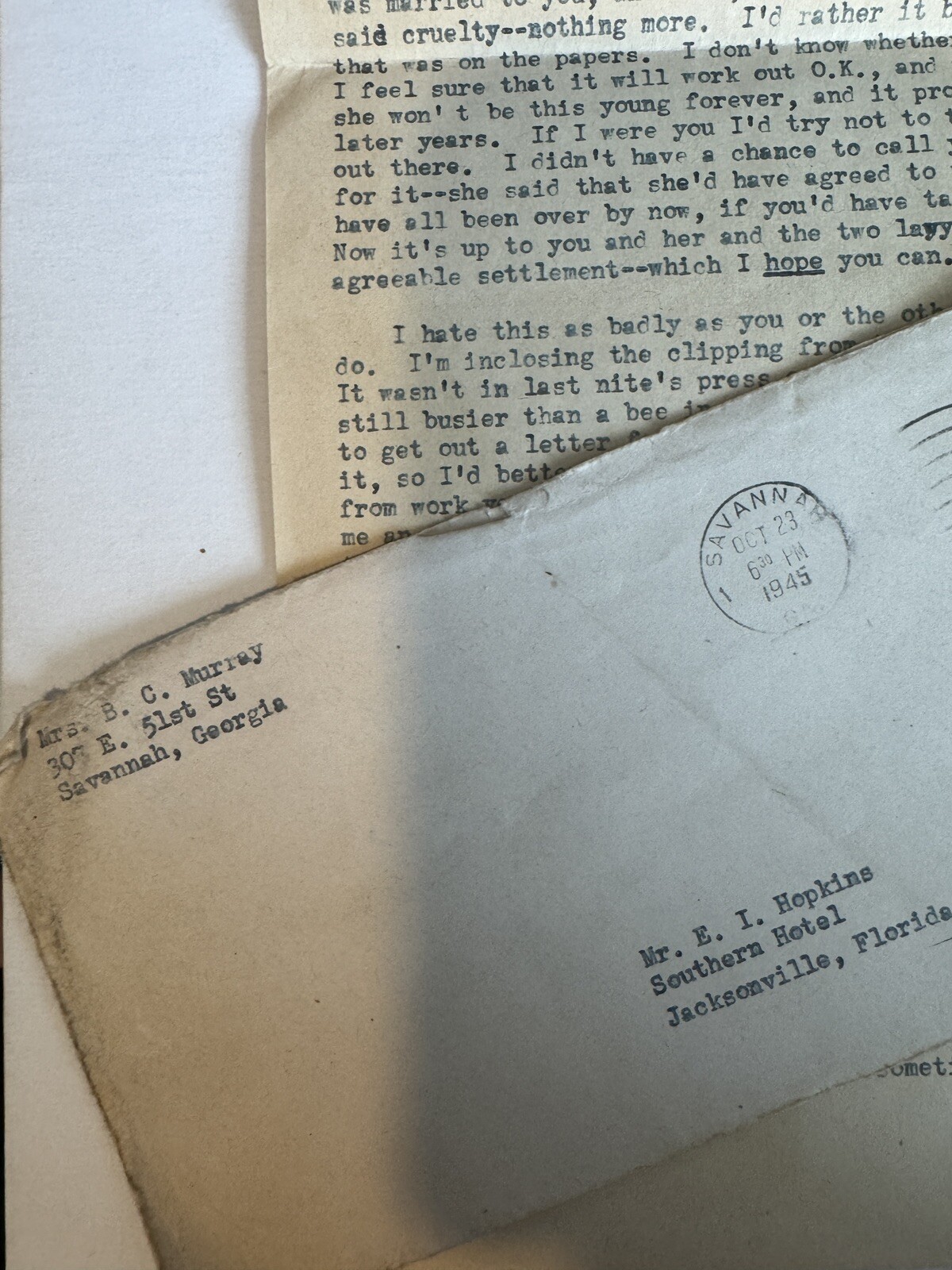 Personal Letter About Divorce 1945 Typed Article Clipping Correspondence