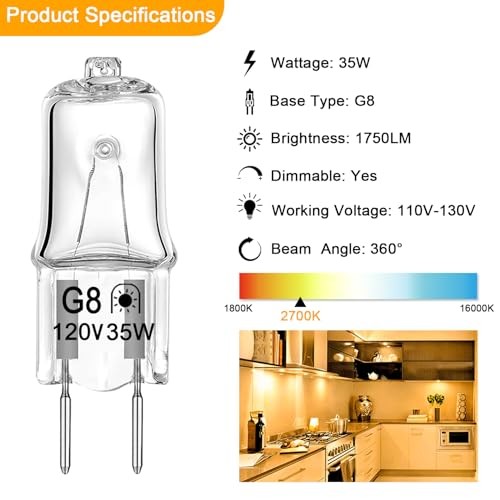 G8 Halogen Light Bulbs 35W 120V T4 JCD Type G8 Base 2 Pin Xenon 35W-12 Pack