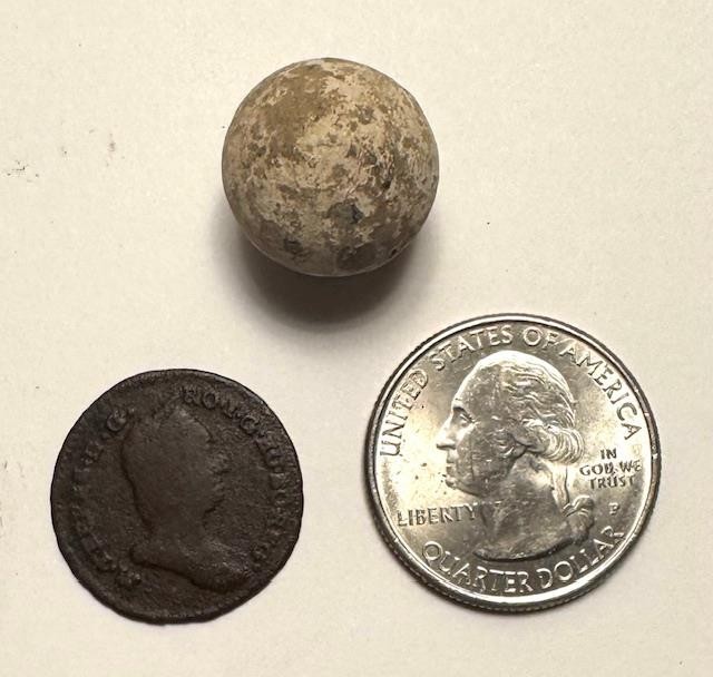 1764 Colonial Coin & Musket Ball dug Next to the Saratoga Battlefield NY