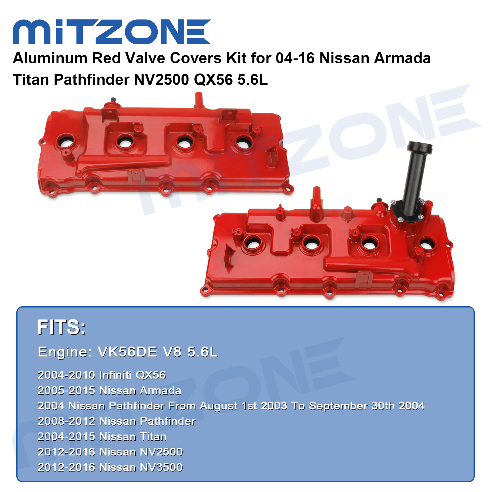 Aluminum Red Valve Covers Kit for 04-16 Nissan Armada Titan Pathfinder QX56 5.6L