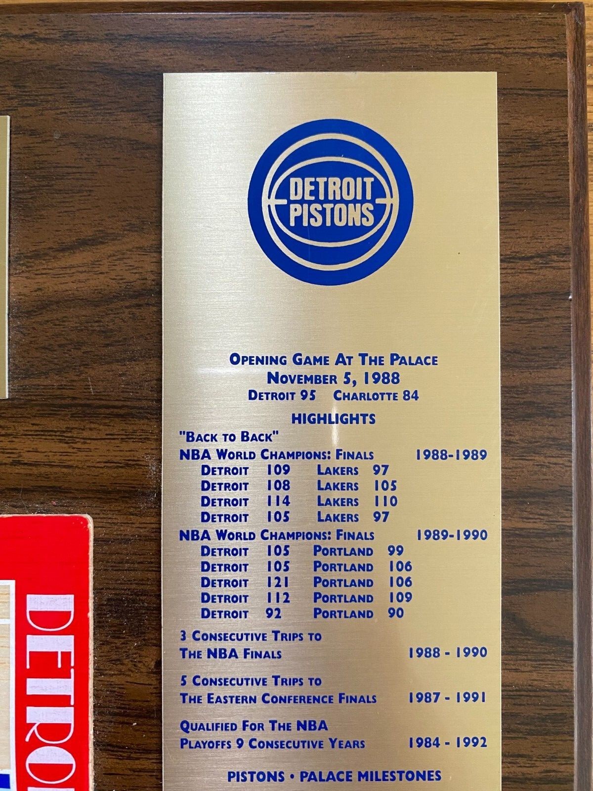 Vintage 1993 Detroit Pistons Palace of Auburn Hills 5 Yr Anniversary Wood Plaque
