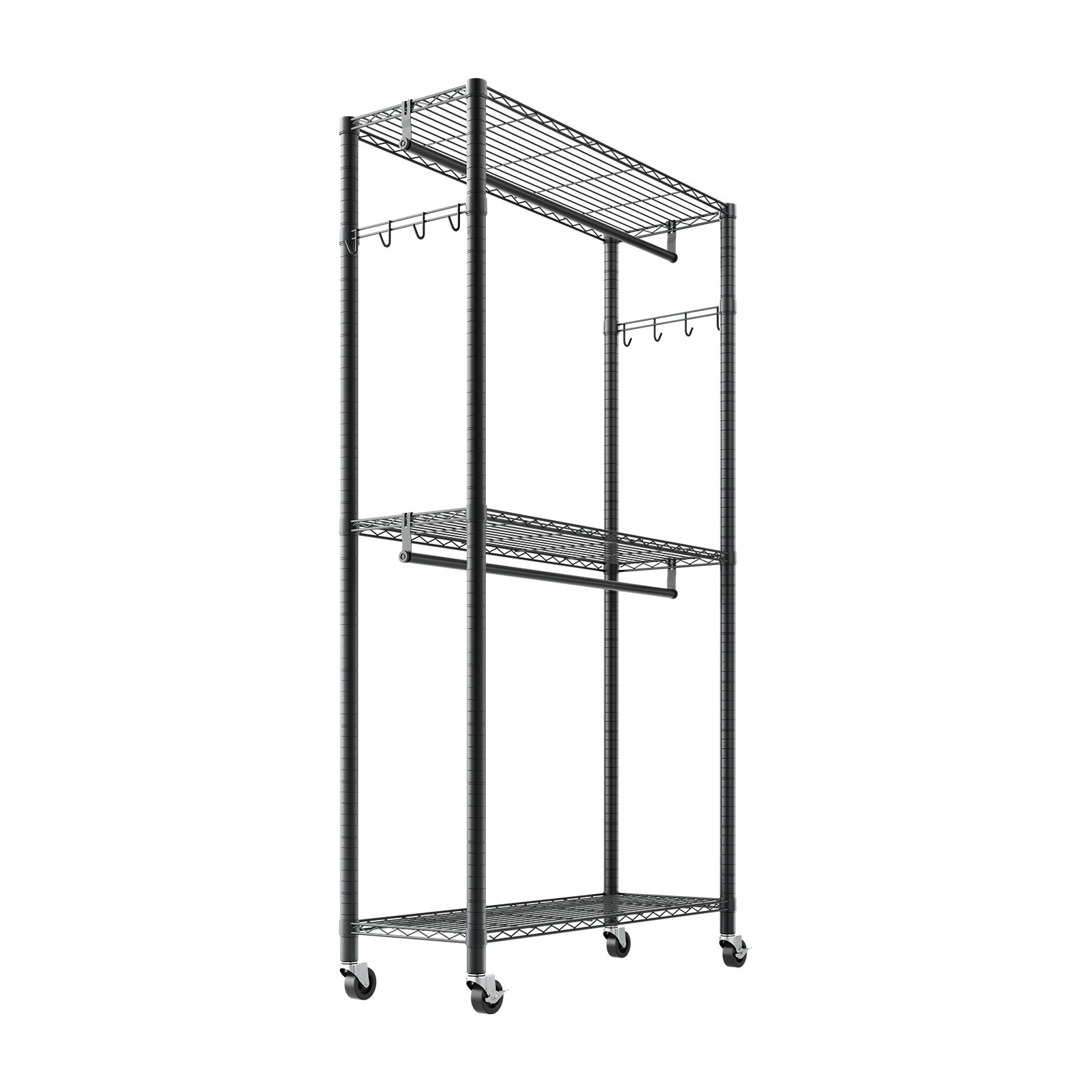 Uimoso Adjustable 3-Tier Rolling Garment Rack for Clothing Storage, Black