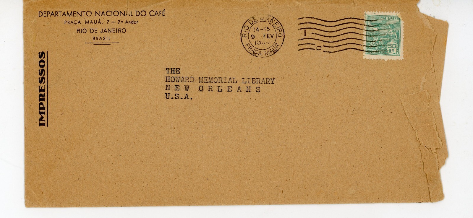 National Coffee Dept Rio Brazil Postal Cover 50R New Orleans LA Howard Memorial