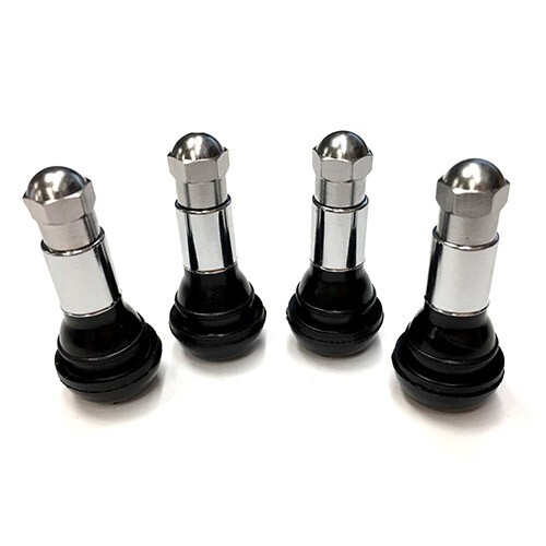 TR413 SNAP-IN TIRE VALVE STEMS WITH CAPS CHROME BLACK RUBBER (4pcs)