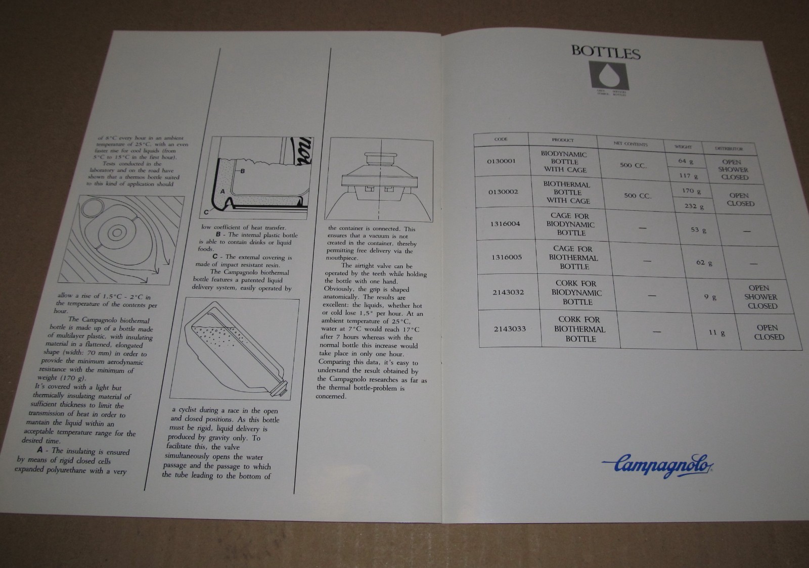 Campagnolo Biodynamic & Biothermal Aerodynamic Water Bottle Brochure 1980's
