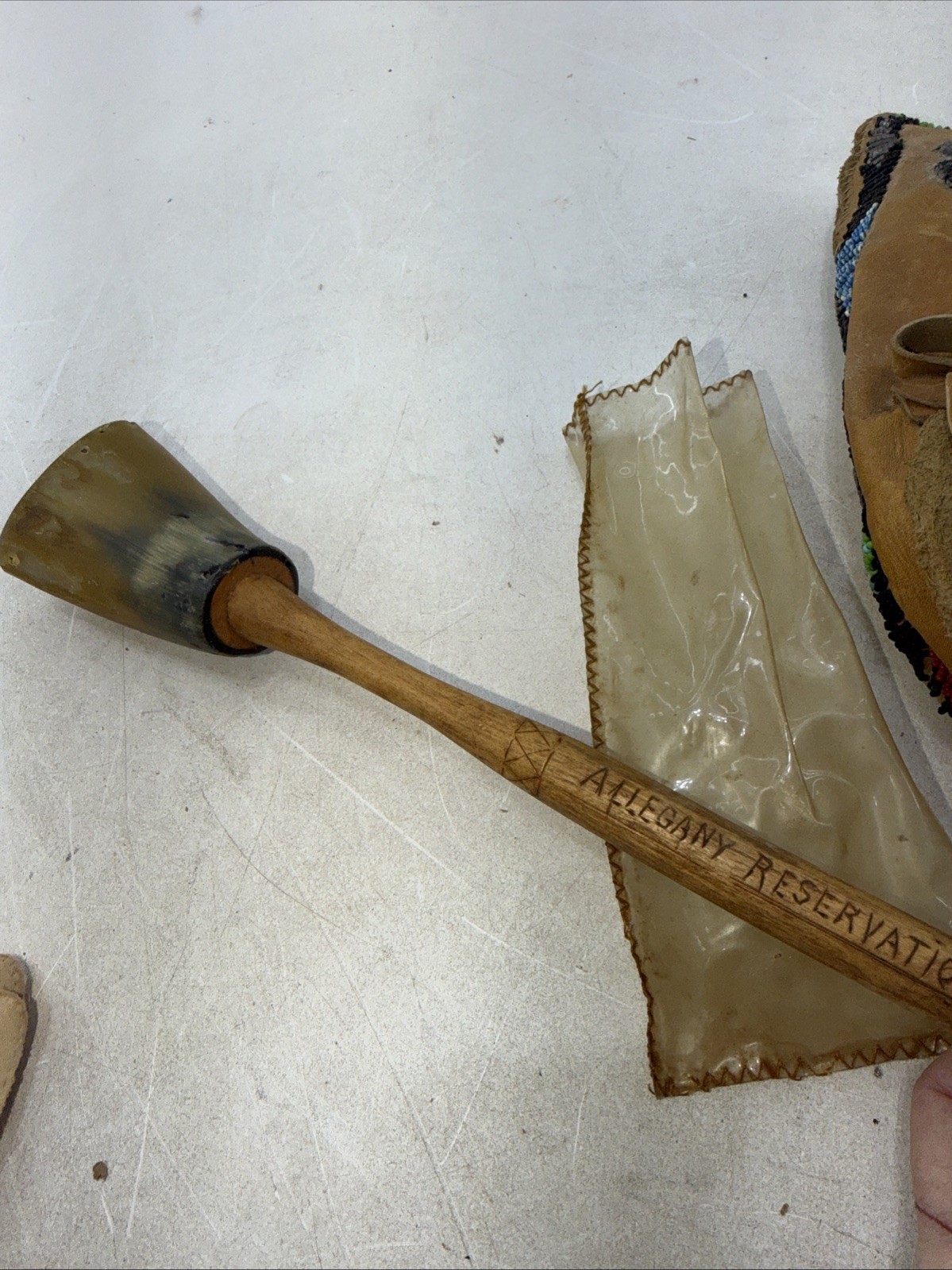 Authentic Native American Leather Beaded Moccasin Lot and Indian Rattle