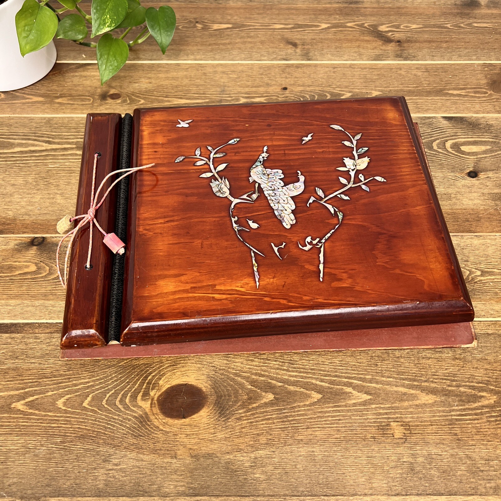 Wooden Shell Inlayed Peacock Photo Album Music Box Vintage Abalone Ariran Asian