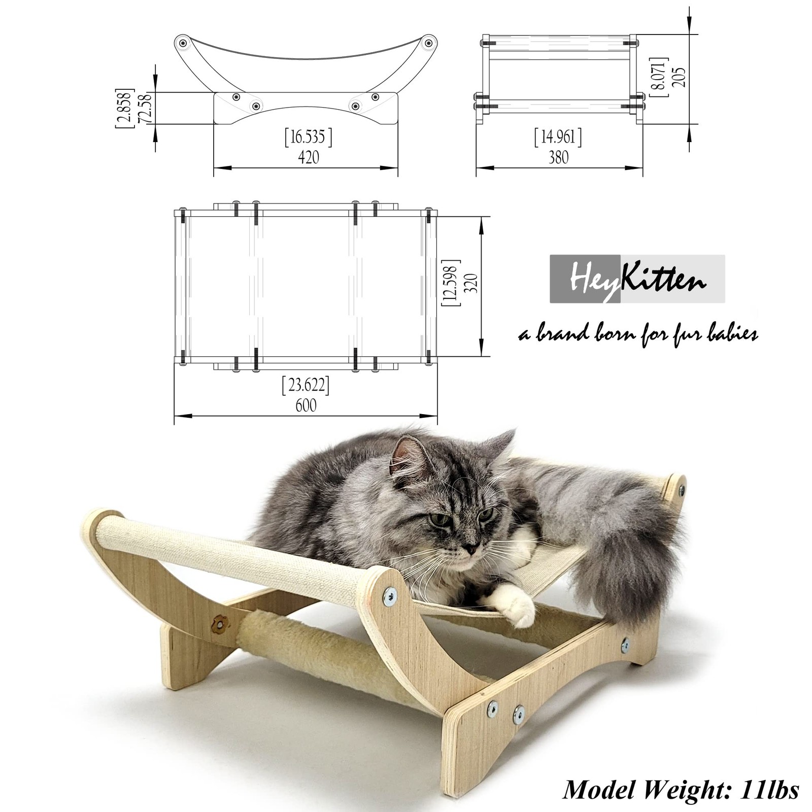 HeyKitten 24in Cat Hammock Elevated Couch Bed with Sturdy Stand Raised Loungi...