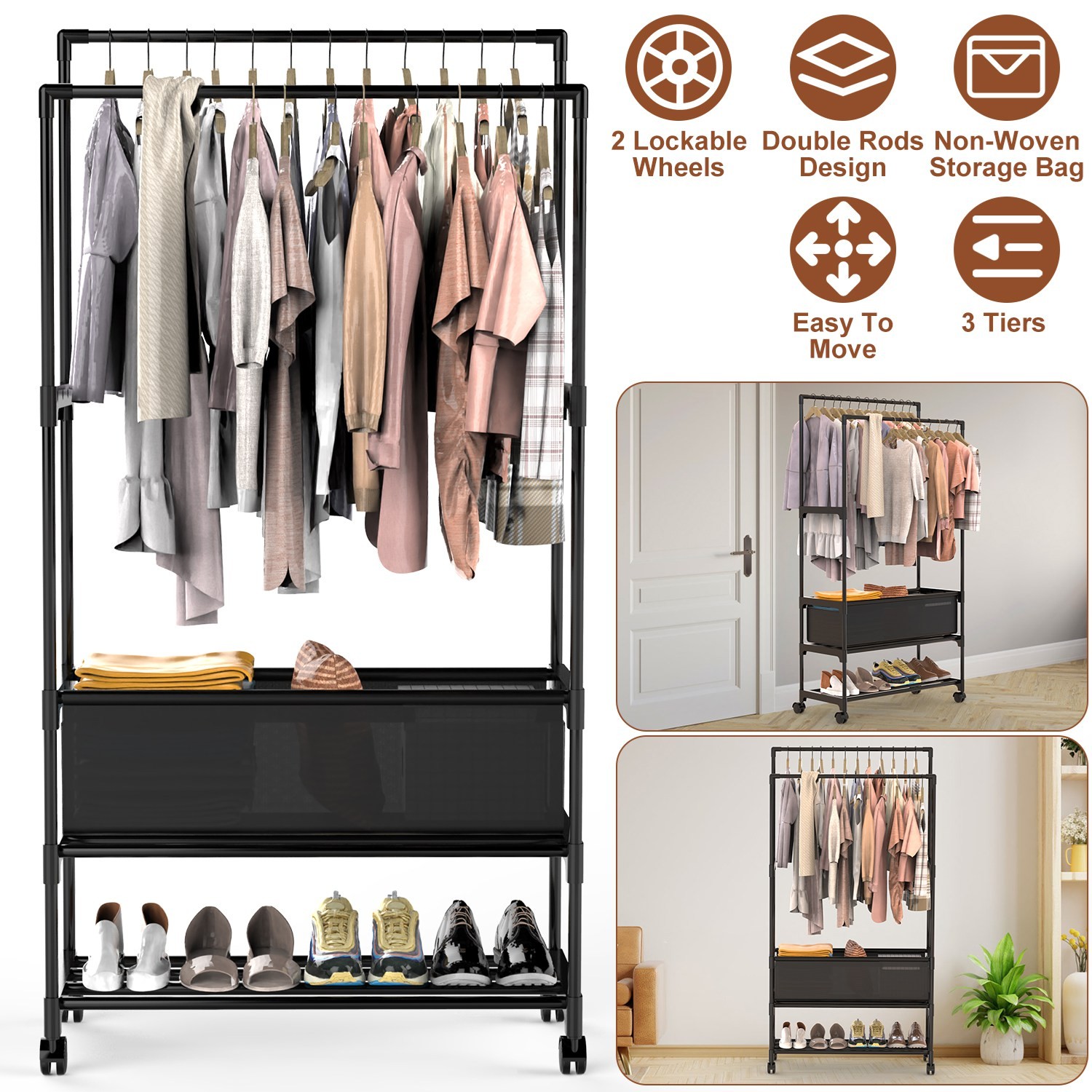 3-Tiered Garment Rack w/ Storage Bag Rolling Clothes Organizer Dual Rods Hanging