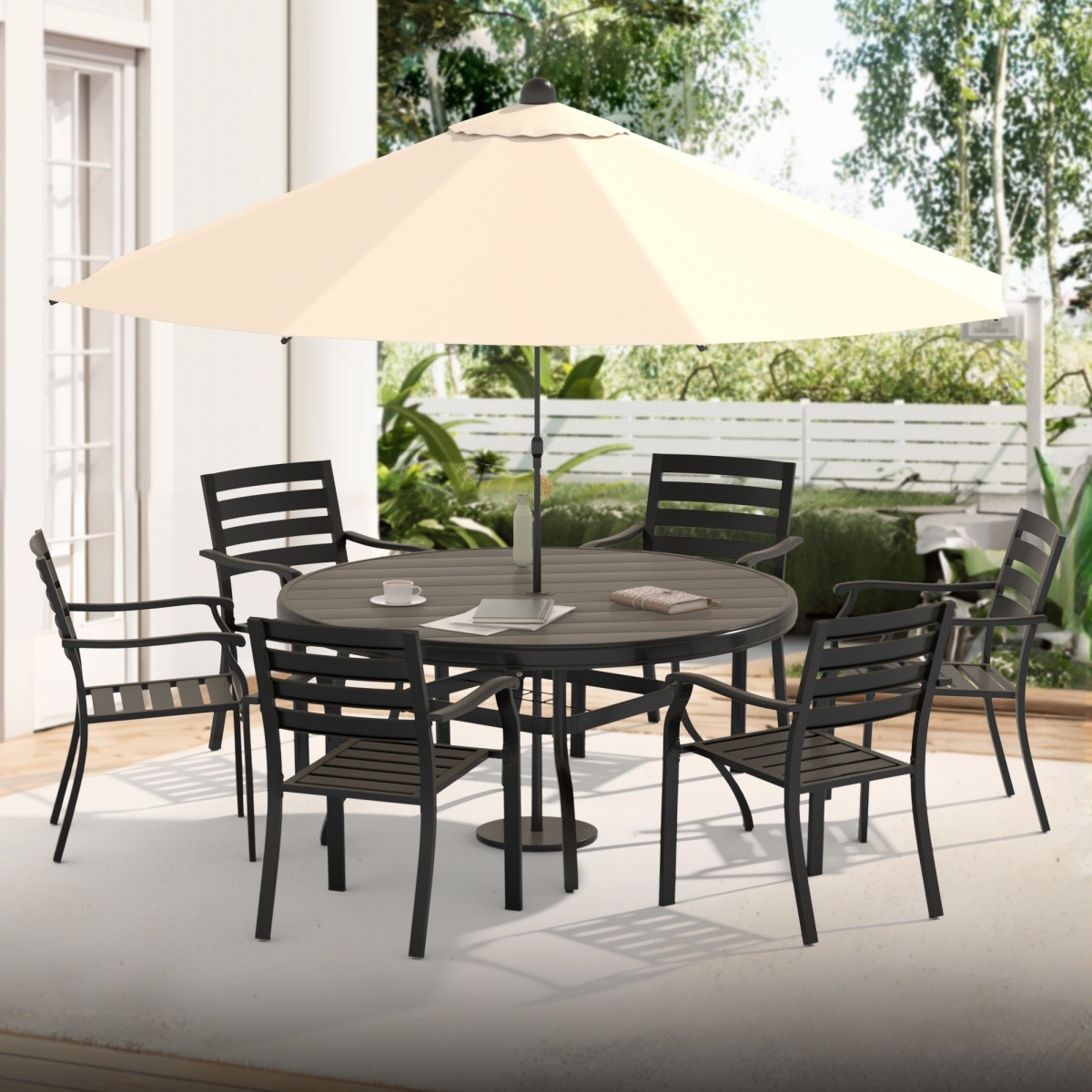 Outdoor Round Patio Dining Table Metal Dining Table with Umbrella Hole for Deck