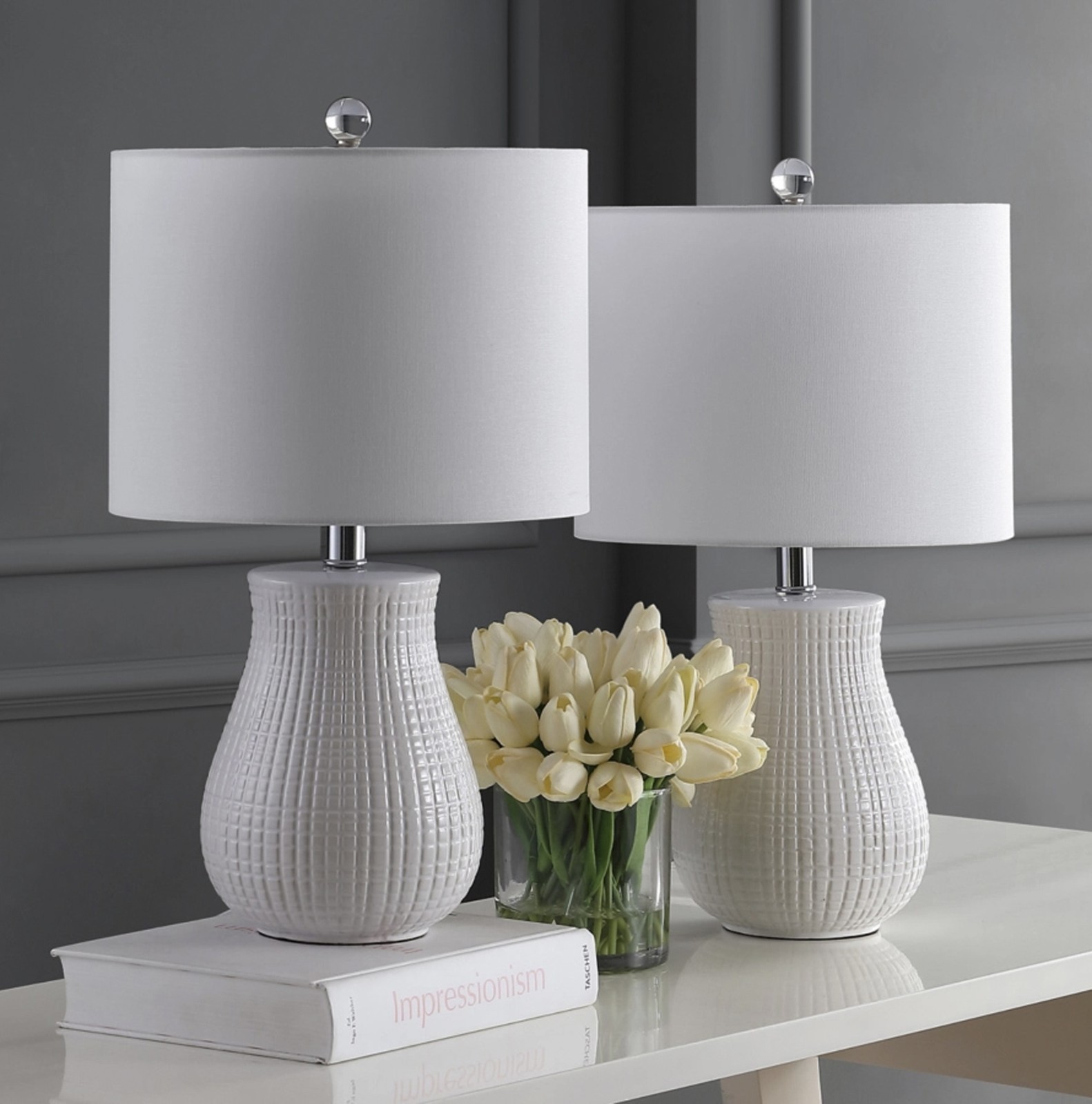 SET OF 2 Safavieh White Ceramic Table Lamp Modern Bedroom Living Room