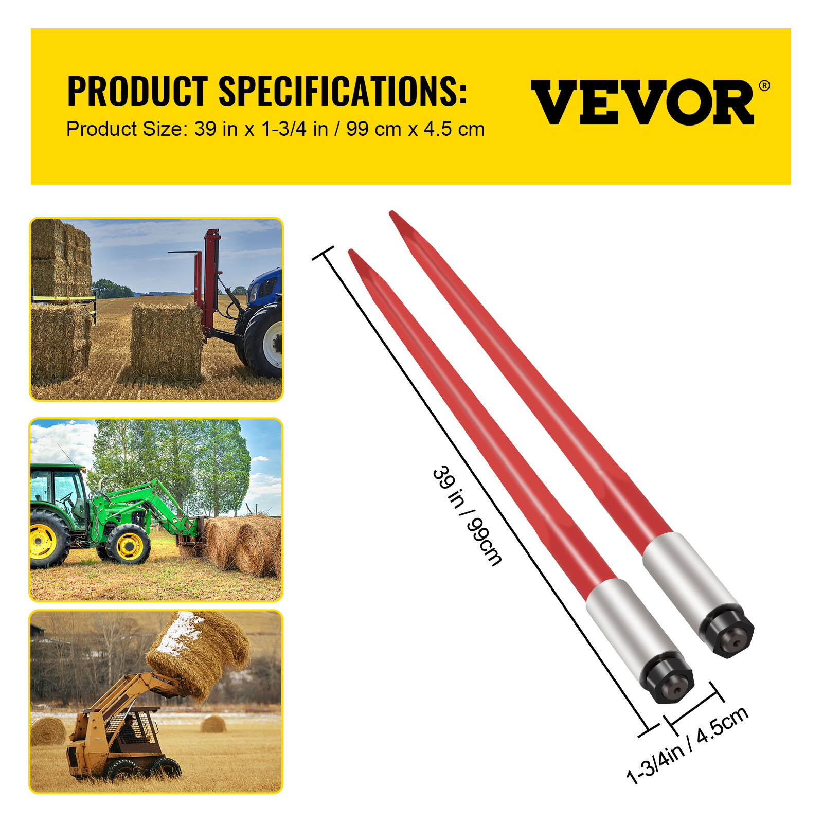 VEVOR 2pcs Hay Bale Spear 39" 3000 lbs Capacity Spike Fork for Tractors Loaders
