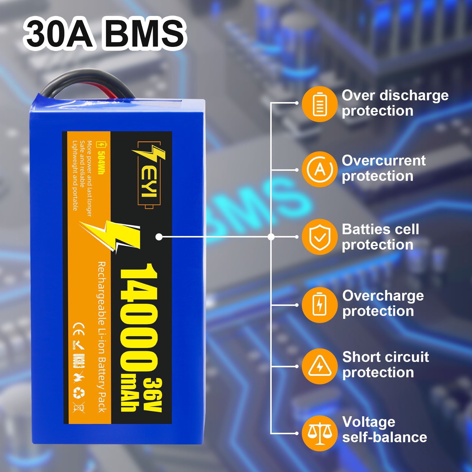 36V 14Ah Rechargaeble Lithium Battery Pack, for 0-1000W Motor