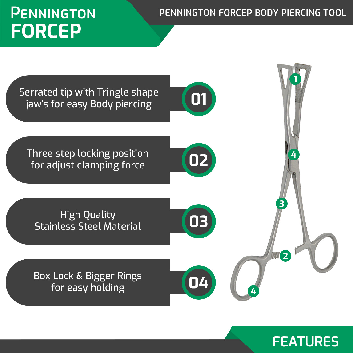 7 Body Piercing Instruments Kit Tools Penington Sponge Forceps, Skin Jewelry set