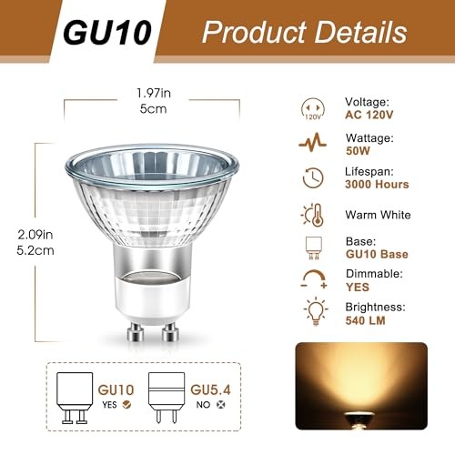 GU10 Halogen 50W Bulbs, 120V Halogen Light Bulb, Gu10 Base 3 Pack Warm White