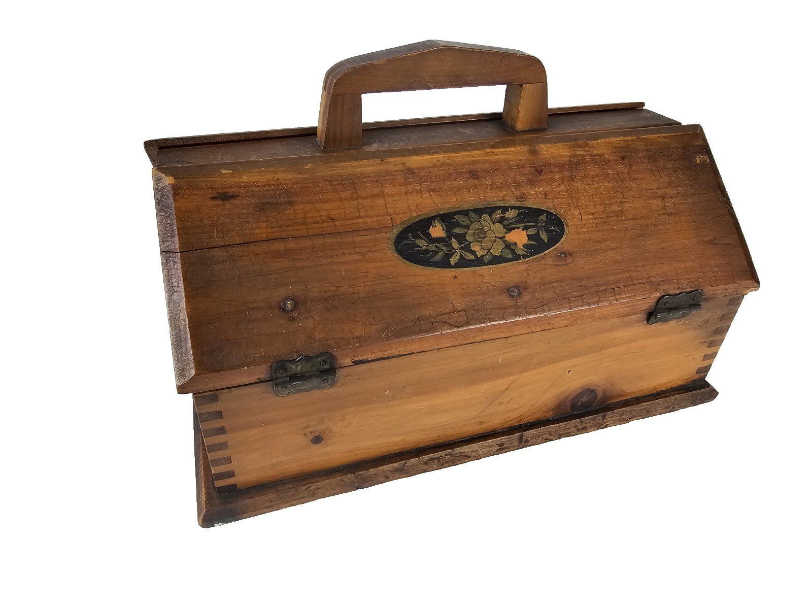 Vintage Wooden Sewing Jewelry Keepsake Box w Handle Floral Decal Craft Storage