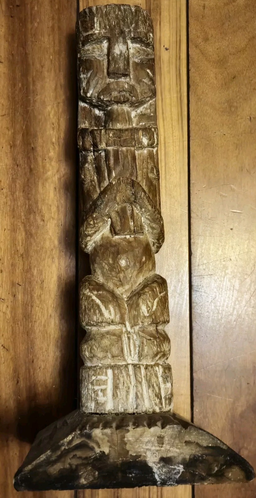 FINE OLD Carved Wood Tiki Totem Sculpture 1900’s Great Patina 7x7x14.