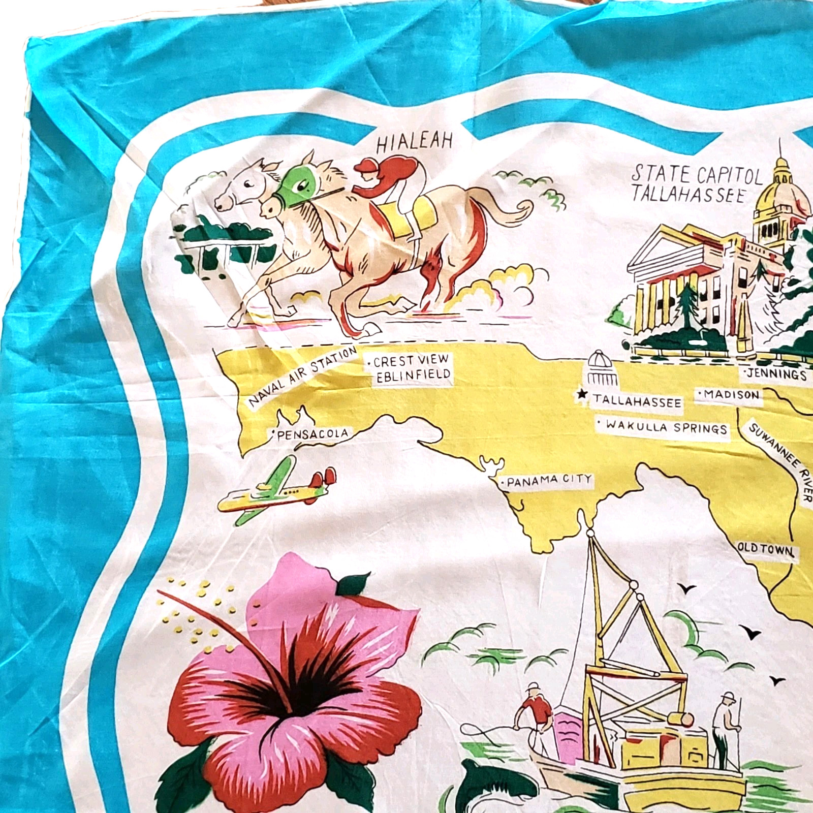 Vintage MCM Florida Map Scarf Rayon Turquoise Blue Hand Rolled Japan 30"X30"