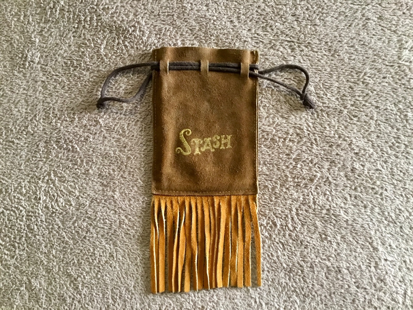 Vintage 1970's Brown Leather Drawstring Stash Pouch With Fringe