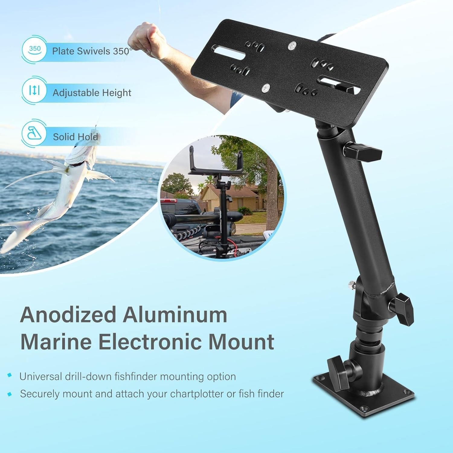 Heavy Duty Aluminum Chartplotter Mount 18"-24" Adjustable 350° Swivel MM-001-BL