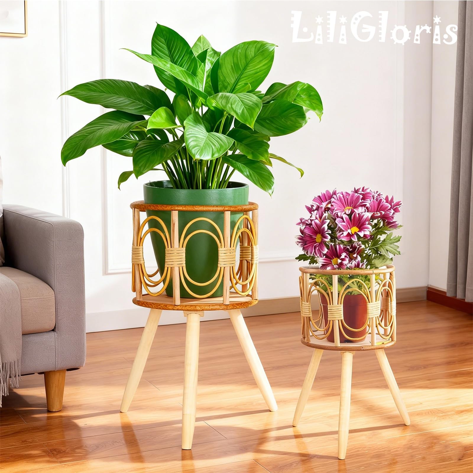 Boho Rattan Plant Stand Indoor Outdoor - 2 Rattan Wicker Planter Shelf for Mu...