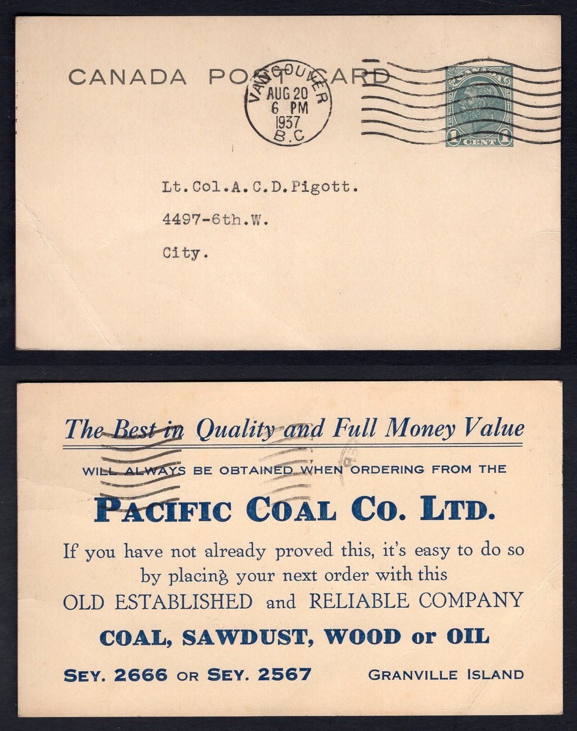 CANADA Vancouver 1937 Local Postal Card; Pacific Coal Advertising; Lt Col Pigott