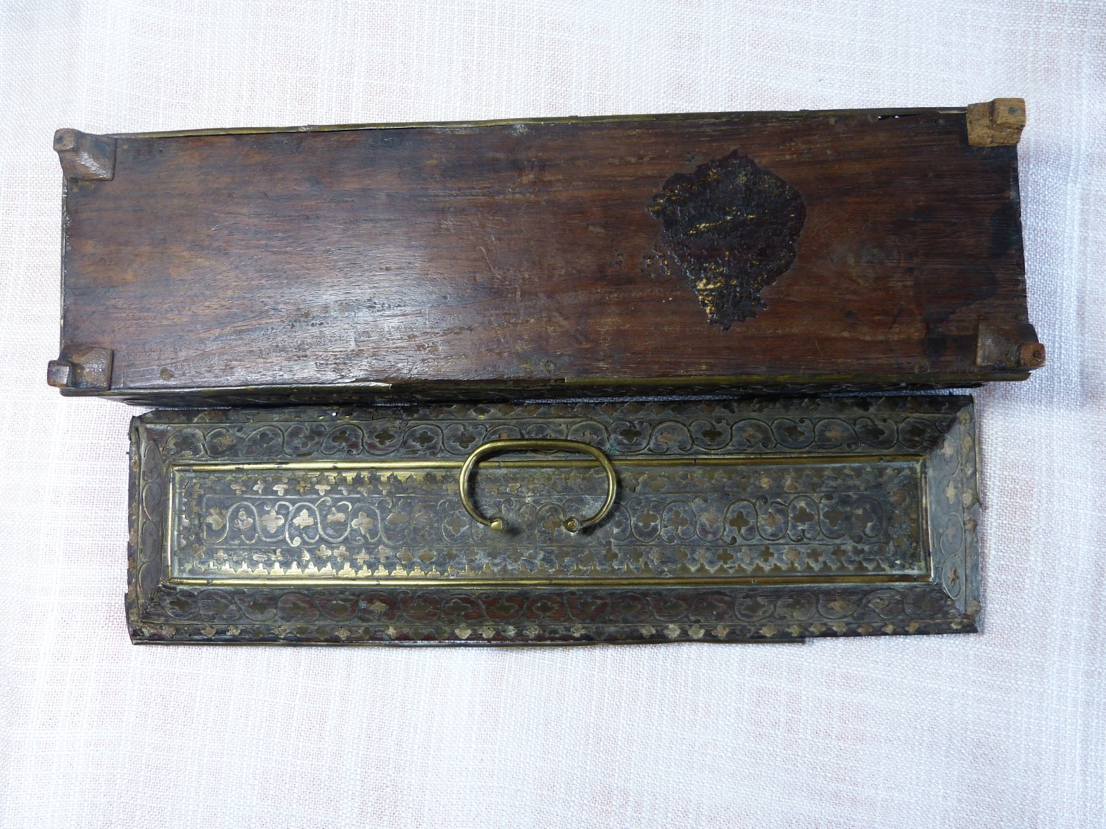 Boxset Antique Box Glove Antique Wooden 19 Century XIX ° Inlay Brass