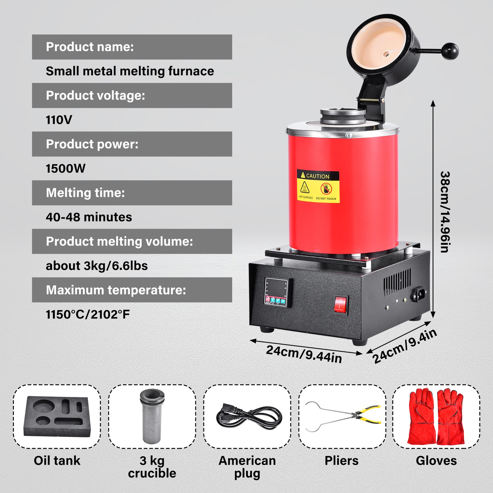 1500W Electric Gold Melting Furnace Digital Smelting Furnace W/3KG Crucibles