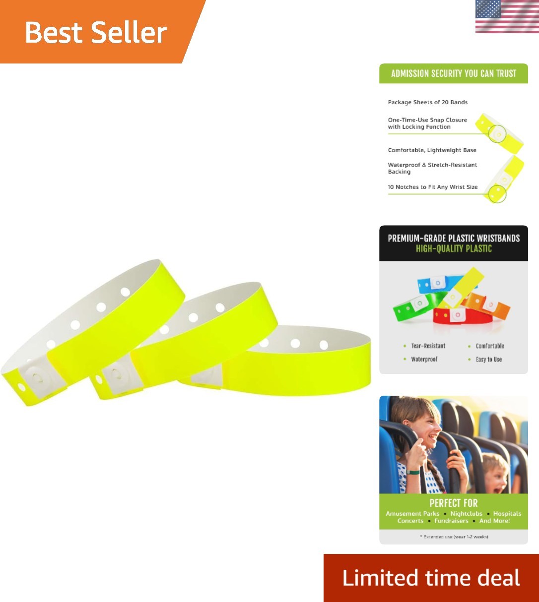 500 Neon Yellow Plastic Wristbands for Events – Extended Wear, Secure Snap Pr...