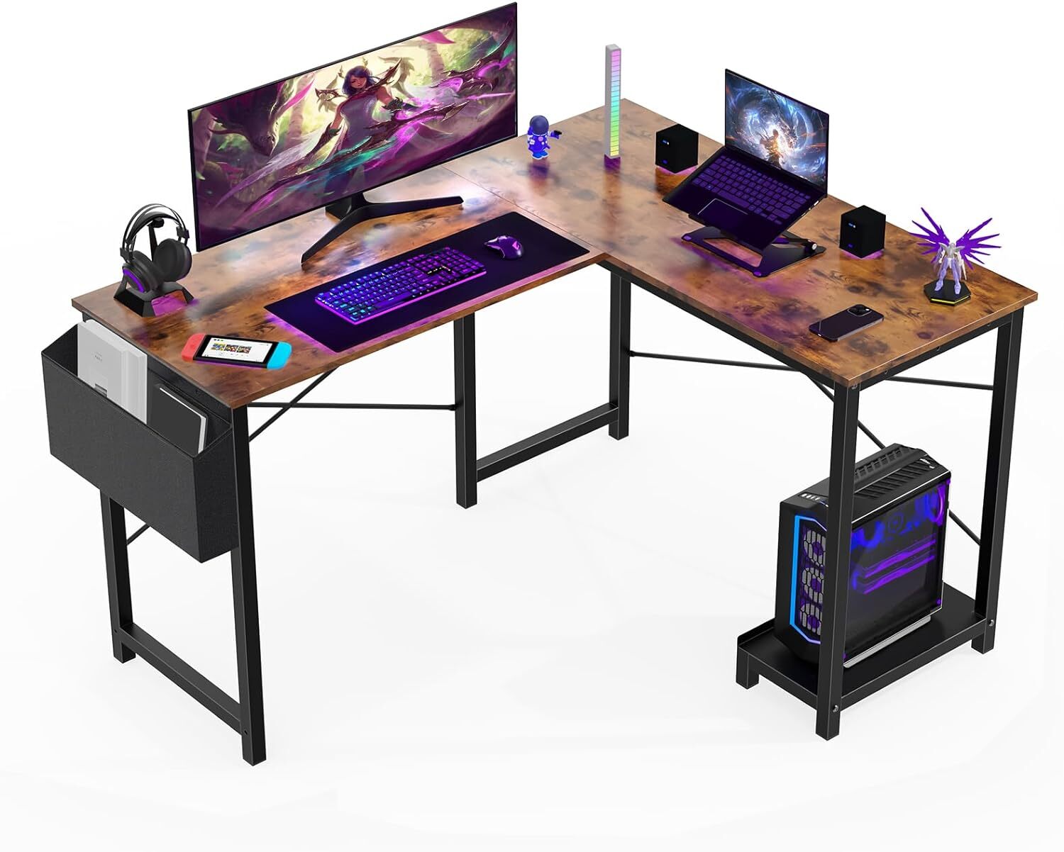 Home Office L Shape Corner Computer Desk Gaming PC Table with CPU Stand Side Bag