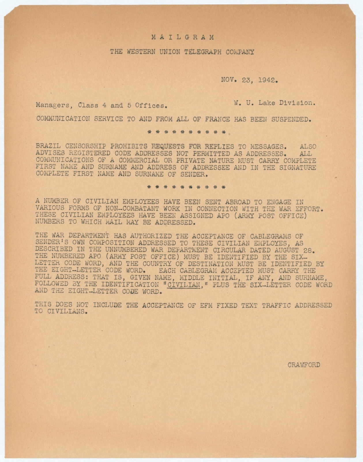 1942 WWII Western Union Telegraph Letter France Communication Suspended War USA