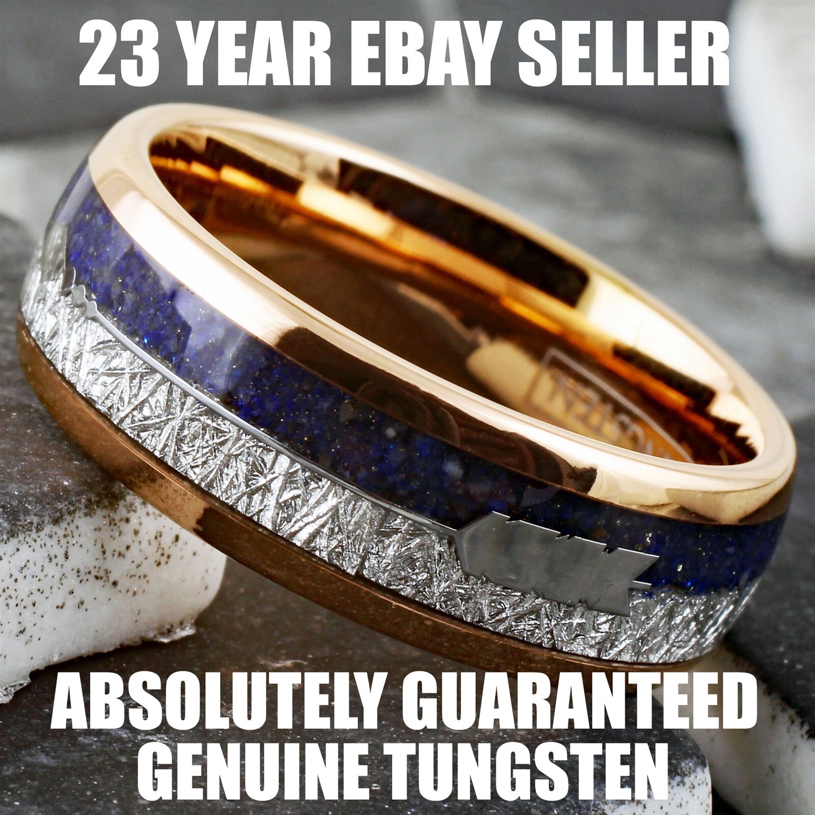 Rose Gold Plated Tungsten Carbide Meteorite & Blue Lapis Lazuli Men's Band Ring
