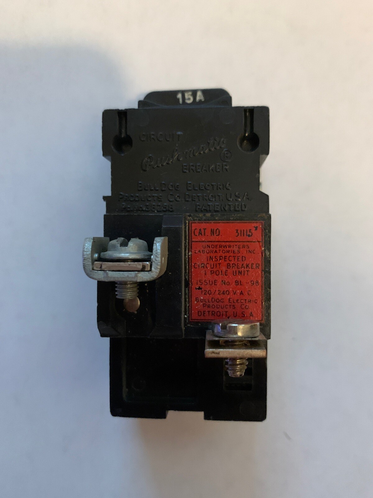 PUSHMATIC BULLDOG 15 AMP SINGLE POLE P115 1P 15A CIRCUIT BREAKER TESTED