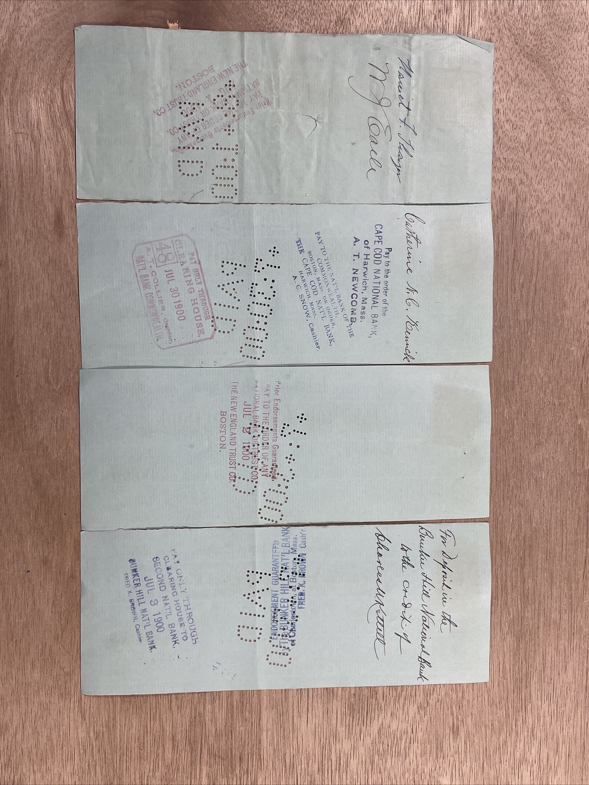 4 Vintage 1900 Merchants National Bank Boston Canceled Checks 2 Cent Stamps