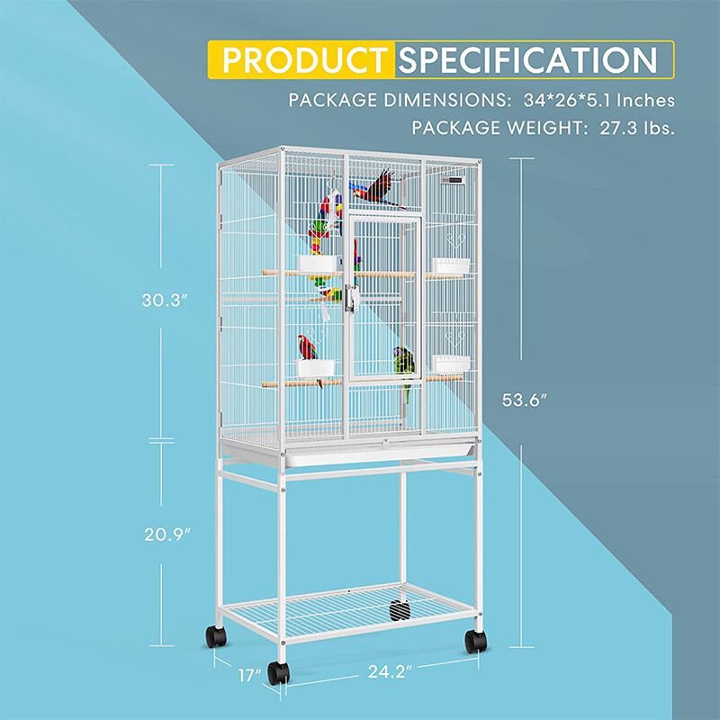 54 Inch Wrought Iron Large Bird Flight Cage with Rolling Stand for Parrot Conure