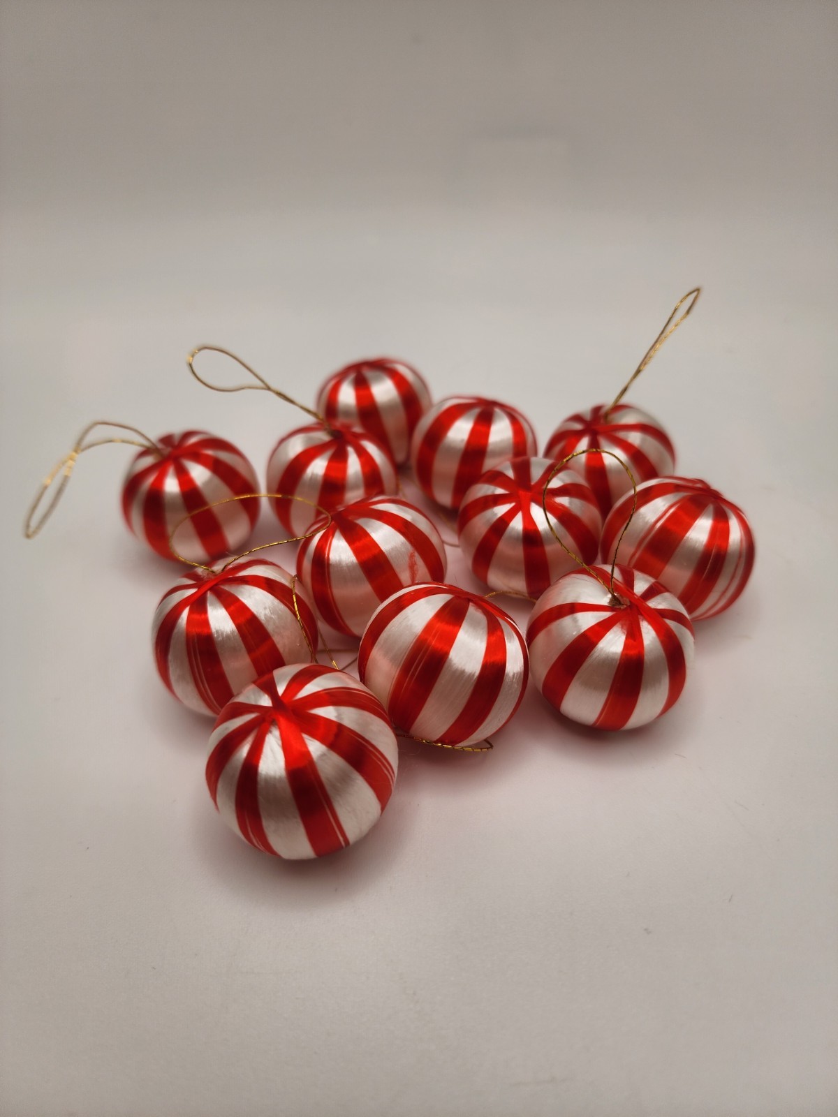 Christmas Ornaments Baubles Satin Sheen Red White Striped Mini Vintage Set Of 12