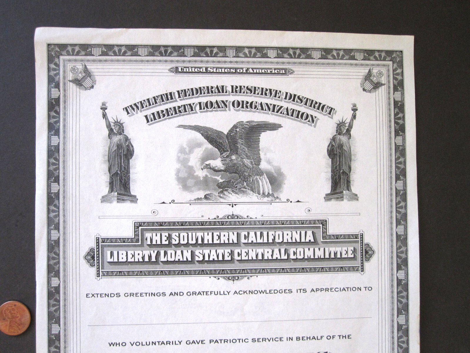 vTg 1918 WW1 Liberty Loan Committee 12th Federal Reserve District Calif certif