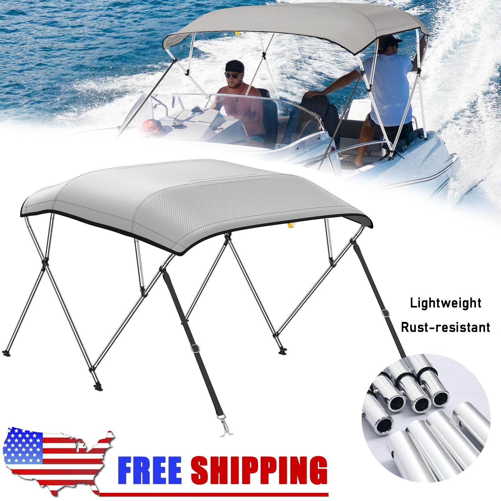 1200D Bimini Top 3 Bow / 4 Bow Canopy Boat Cover 6ft/ 8ft Long With Rear Poles