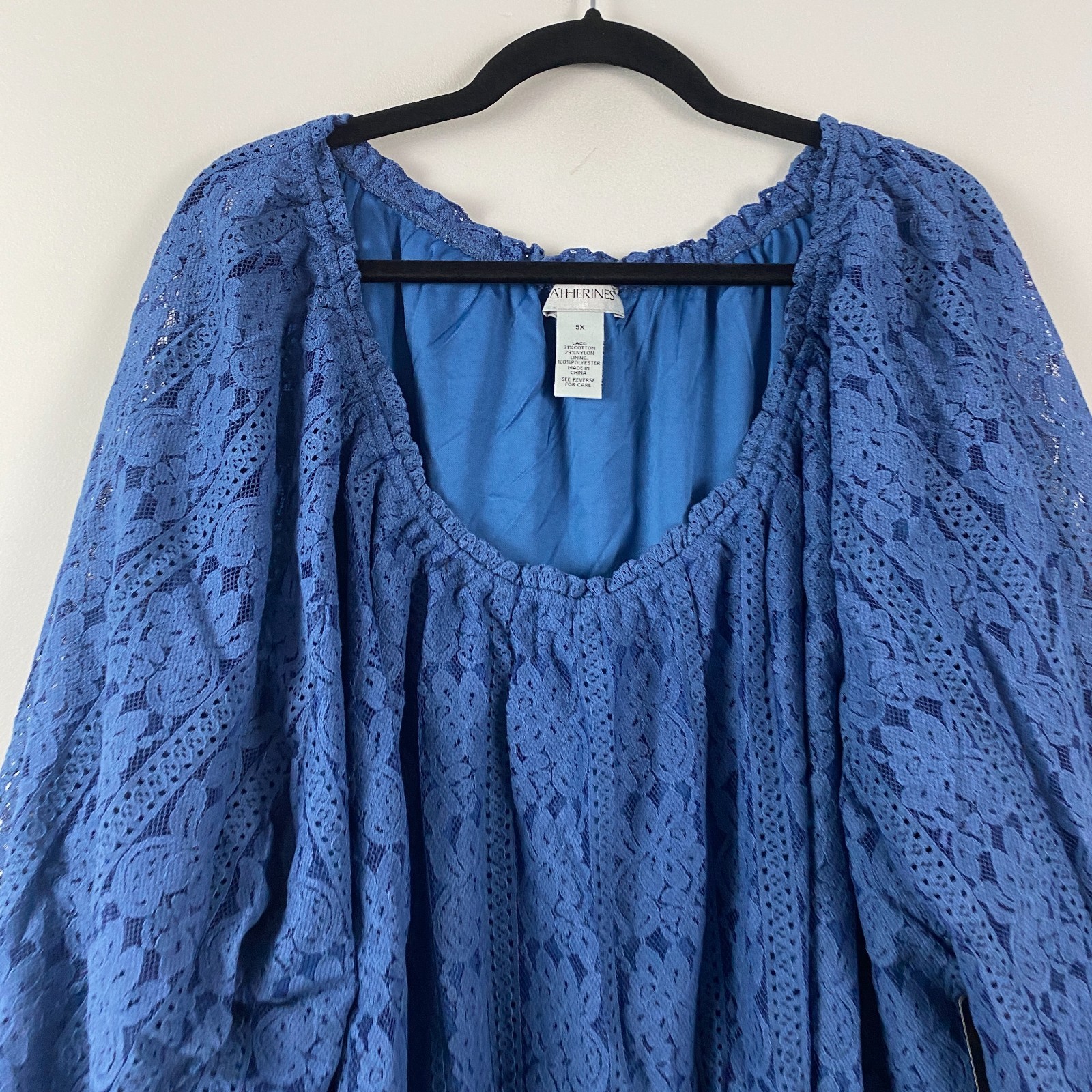 Catherines Stretch Lace Peasant Blouse Size 5X Blue 3/4 Sleeves Lined