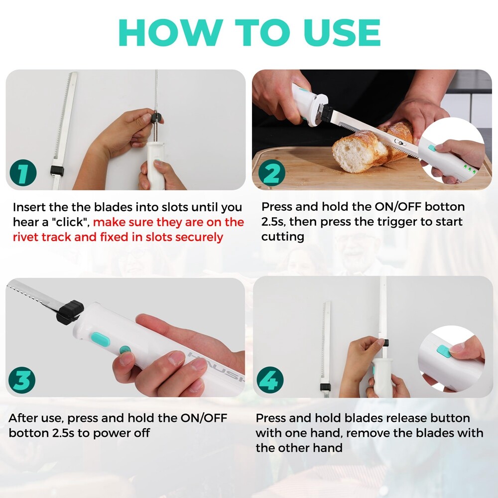 HAUSHOF 8V Cordless Electric Knife Set Meat Cutter Stainless Steel Blades w/Case